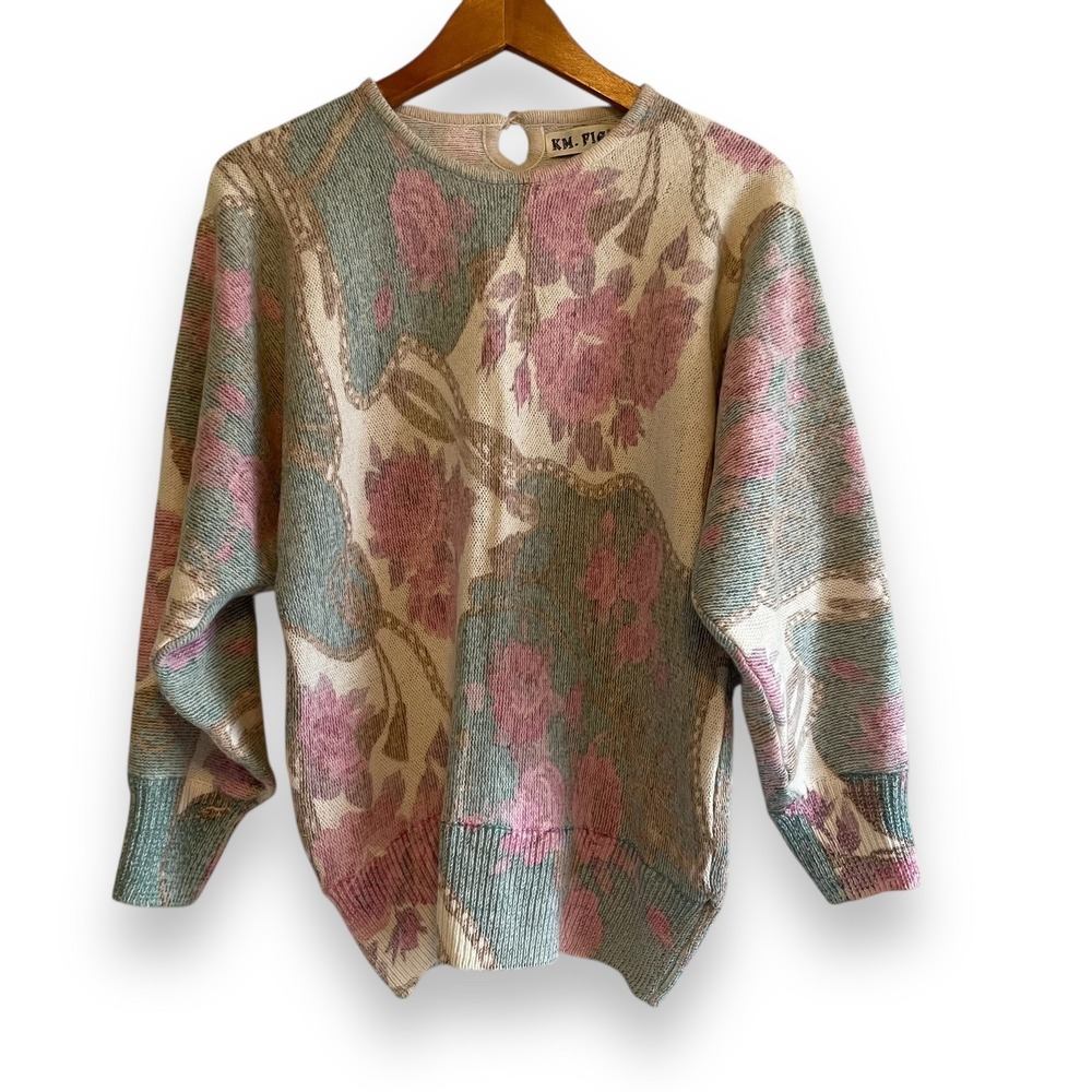 KM. Fig Floral Sweater Pullover Women's Size Medium Wool Angora